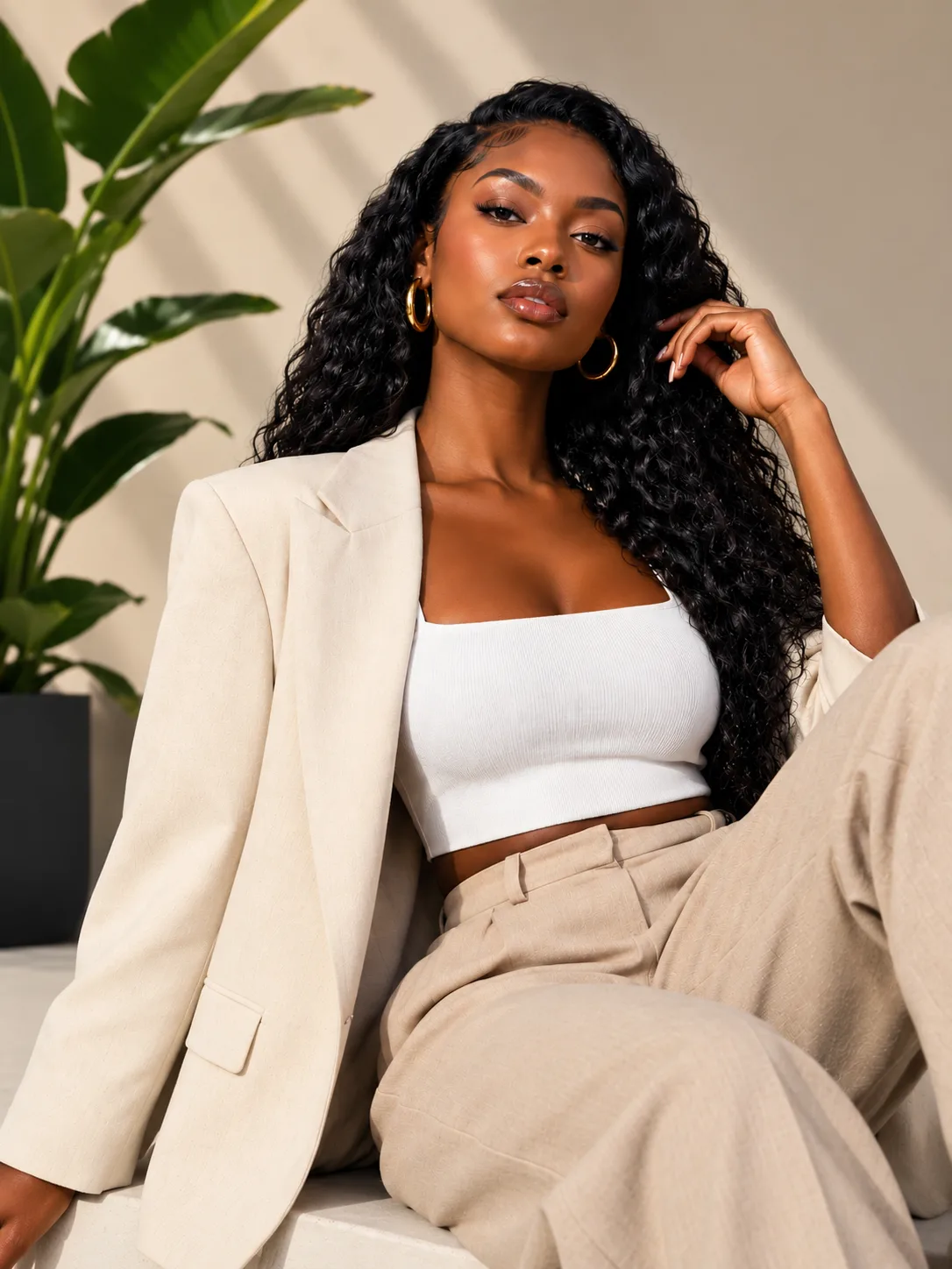 Mulher com blazer e calças em tons neutros